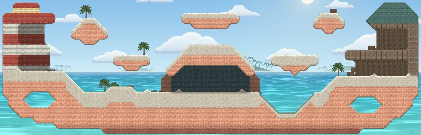 Coral Cove: a sunny tropical bay with a lighthouse, palm trees and turquoise water