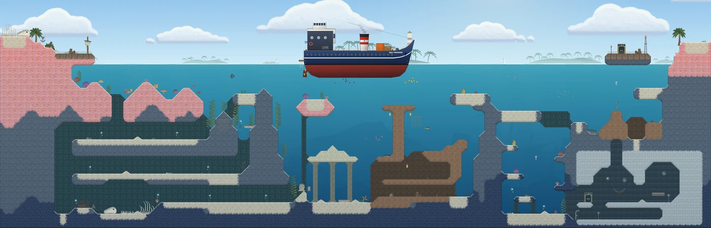 Deep Sea: an underwater map with caves, a shipwreck and a ship on the surface