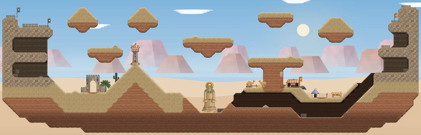 Dune Fort: a desert map with floating sandstone platforms and a fortress on each side