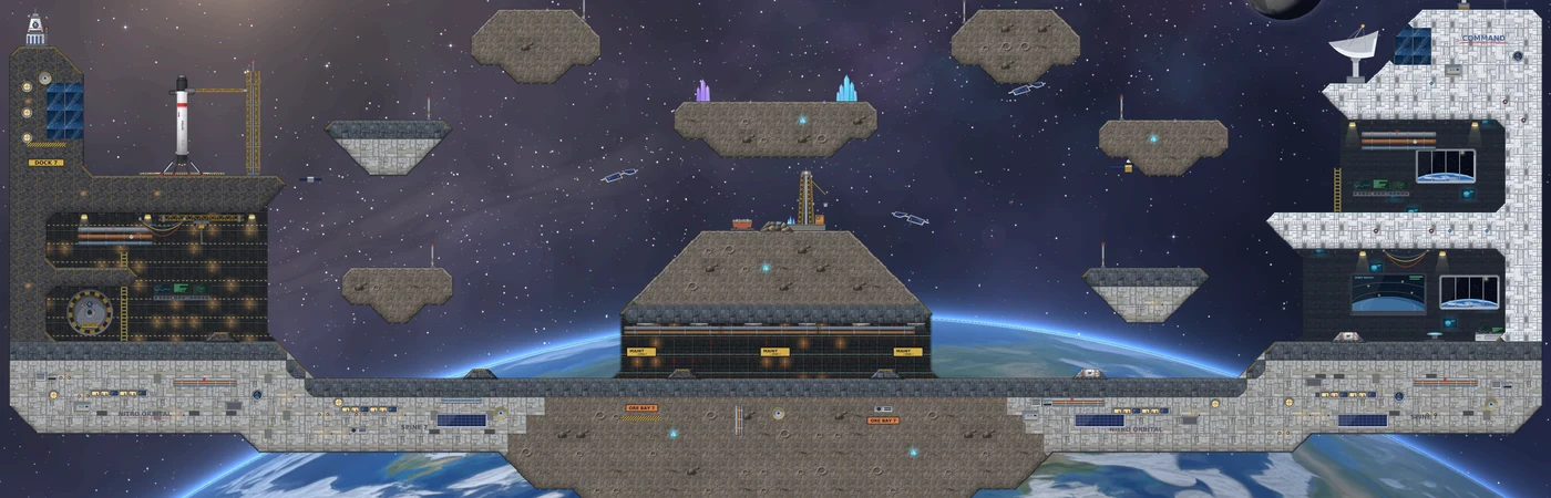 Space Station: a space map with a station, a rocket and Earth in the background