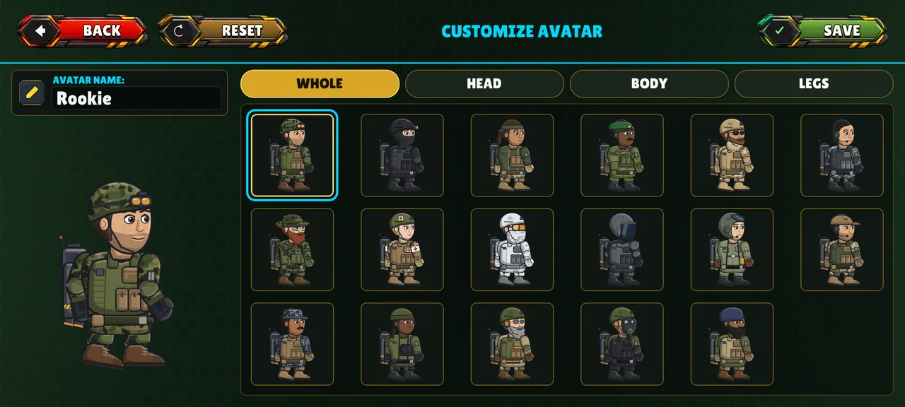 The avatar screen of Nitro Troopers with many outfits