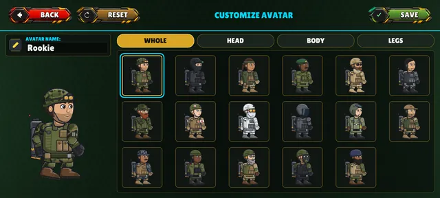The avatar screen with many outfits to choose from