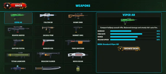 The weapons screen with a list of guns and their stats